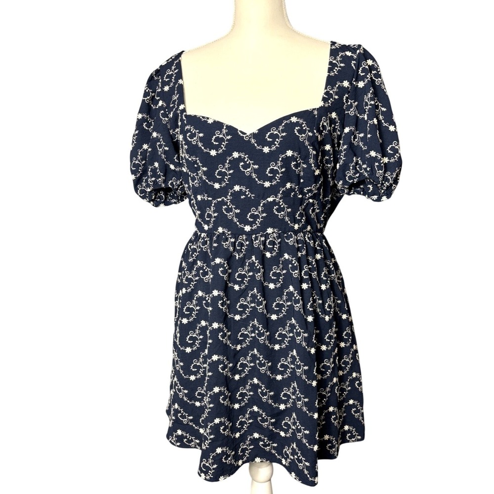 Blue Rain Mini Dress Womens XL Navy Blue‎ Polyester Floral Puff Sleeve Boho Chic